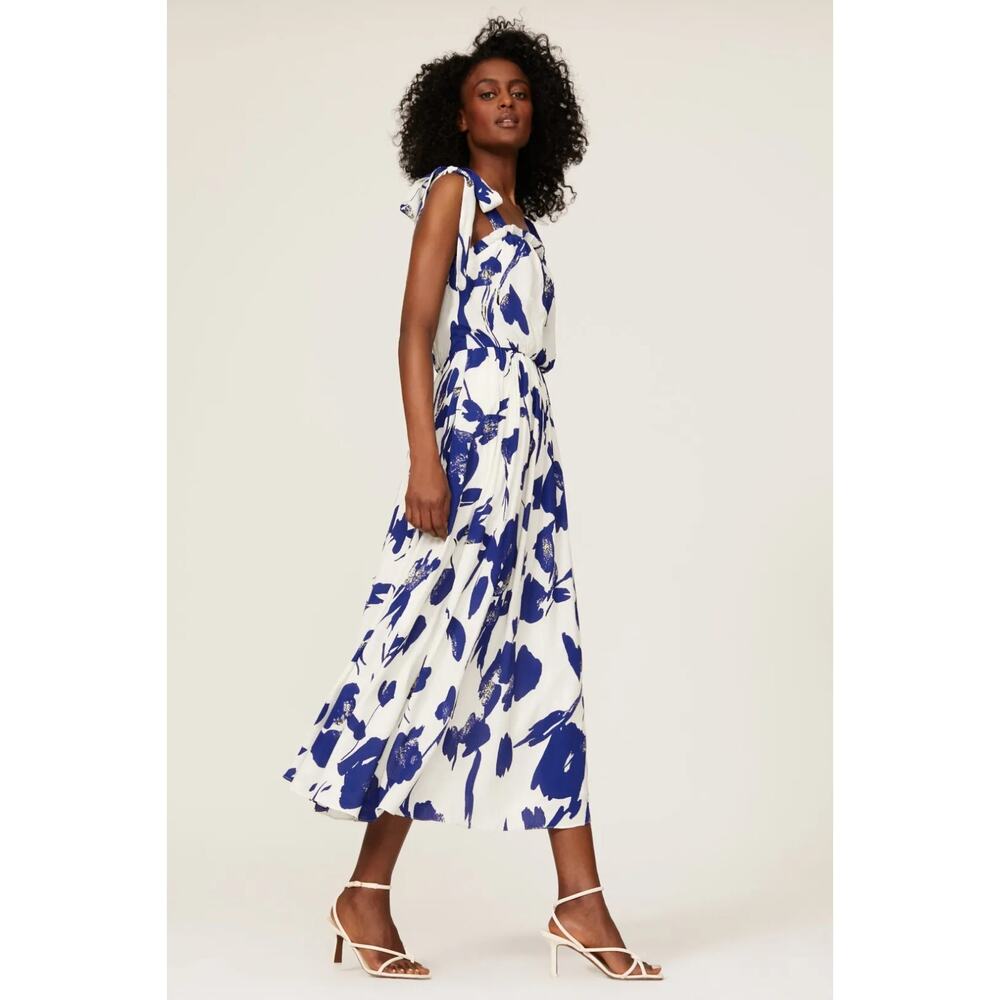 JASON WU Collective Midi Dress Blue Floral Tie Strap Blouson Pockets Size 8